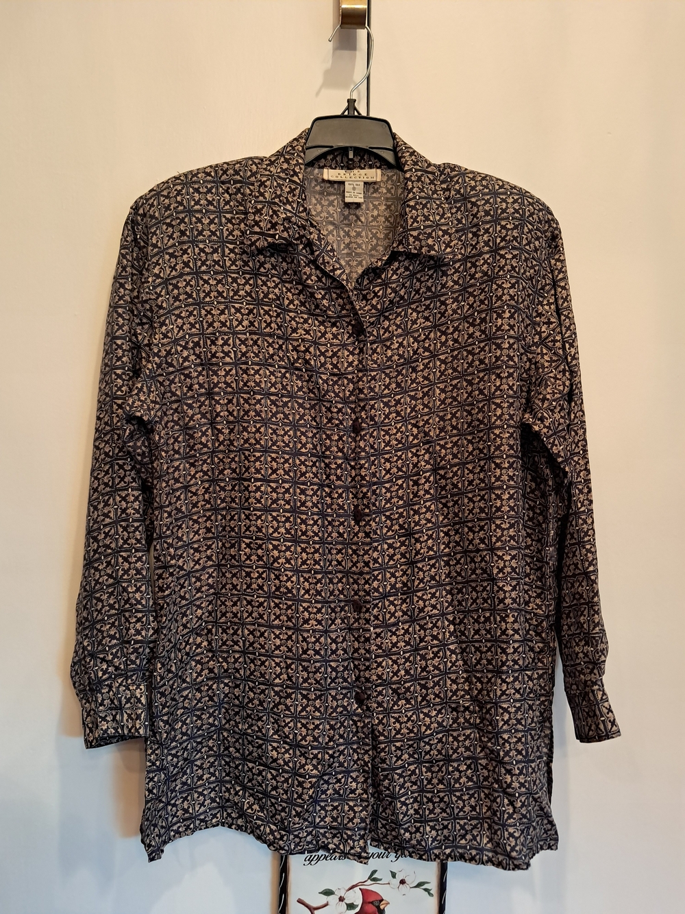 The Bridge 100% Silk Navy and White Geometric Print Button-Front Shirt